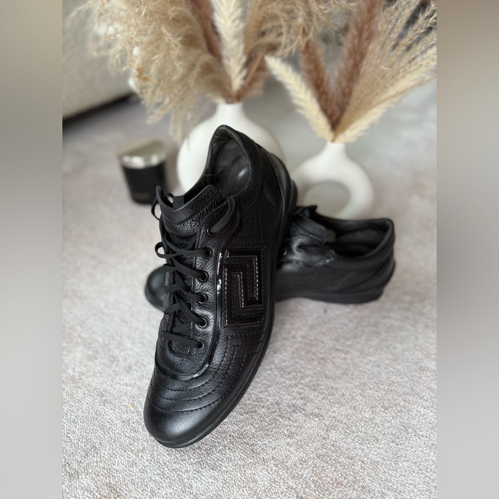 Versace Men’s Black Leather Sneakers (Greca Key Logo)